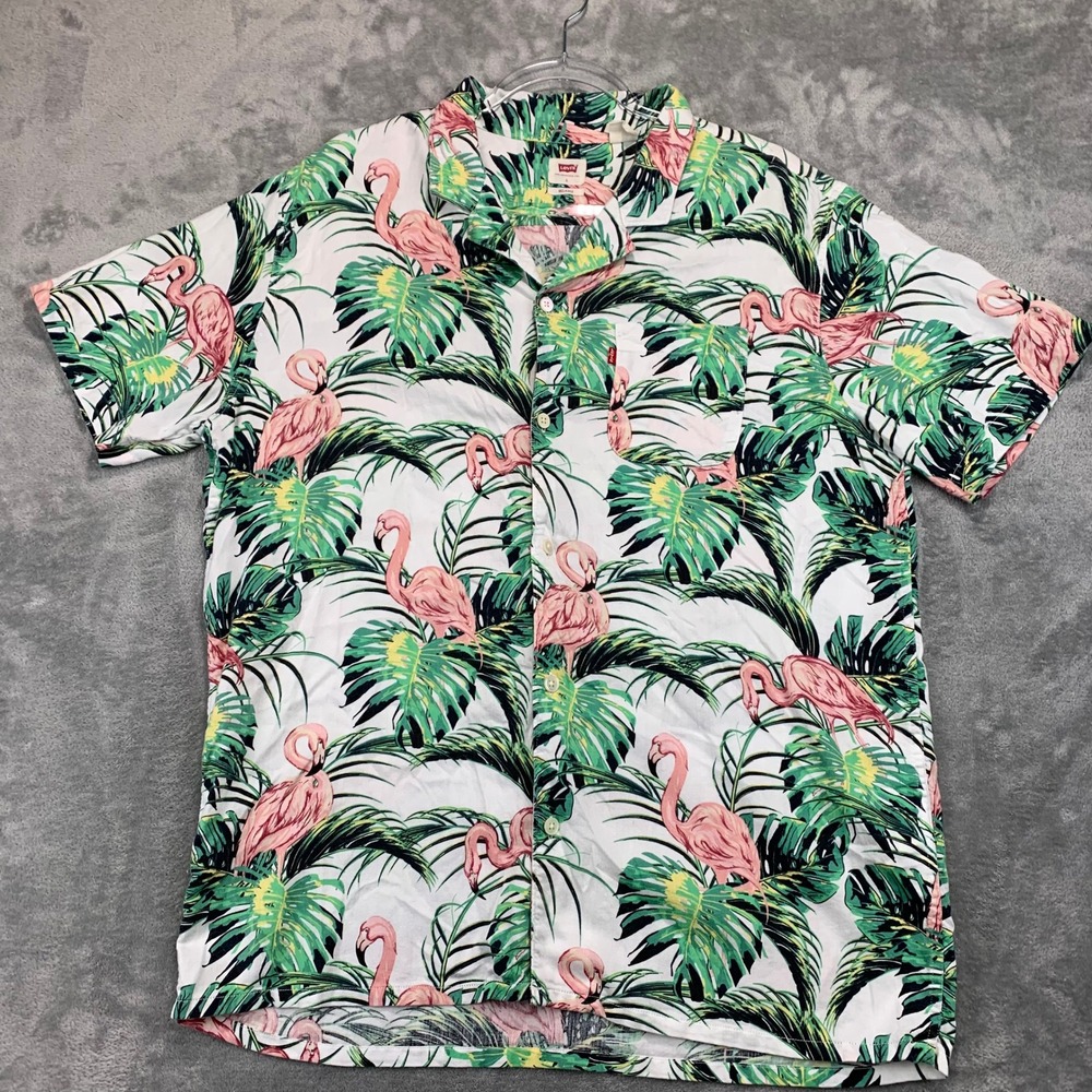 Levi's Flamingo Palm Print Relaxed Fit Tropical Hawaiian Shirt Large